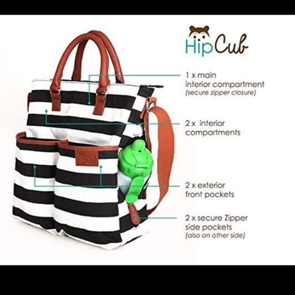 Diaper Bag by Hip Cub - Baby Changing Pad - Black/White Stripe W/Cute Tan Trim - Picture 2 of 6
